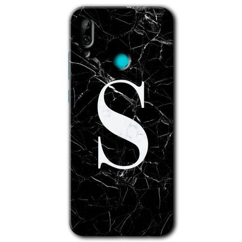 MRCİLETİSİM Huawei P smart 2019 Kılıf Baskılı Kapak - Siyah Mermer Desenli S Harfi + 5D Tam Kaplayan Cam