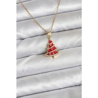 316L Çelik Zincir Gold Renk Kırmızı Çam Ağacı Model Yılbaşı Temalı Kadın Kolye