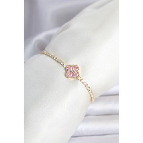 Pirinç Gold Renk Pembe Zirkon Taşlı Yonca Model Su Yolu Kadın Bileklik