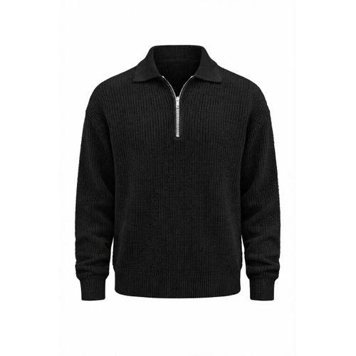 Gibson Oversize Yarım Fermuar Gömlek Polo Yaka Selanik Örme Erkek Triko Kazak - Siyah