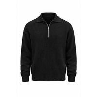 Gibson Oversize Yarım Fermuar Gömlek Polo Yaka Selanik Örme Erkek Triko Kazak - Siyah