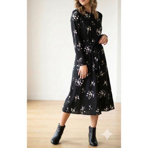 Kadın Uzun Kollu Hakim Yakalı Düğmeli Kuşaklı Desenli Maxi Mikro Süprem Elbise