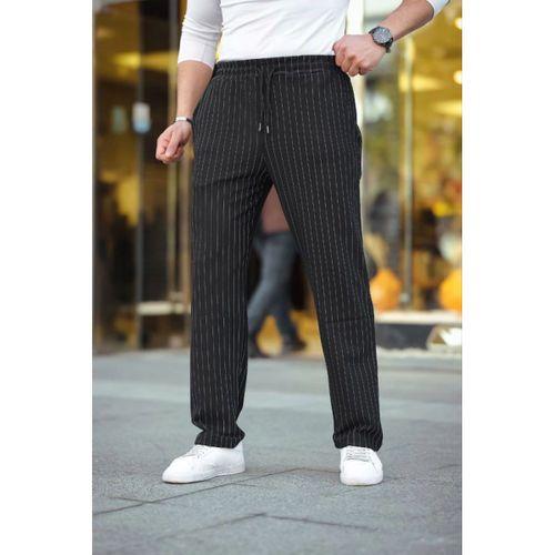 Erkek Cizgili Dokuma Krep Jogger Buggy Pantalon Rahat Kalıp - Siyah