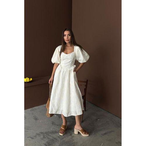 Ekru Balon Kollu Dantelli Brode Elbise