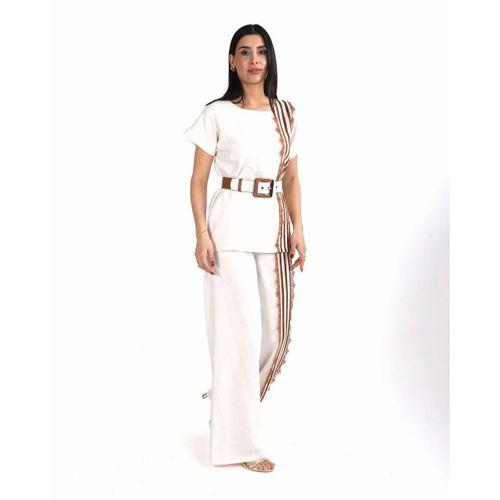 Trend Kadın Krem Keten Dokulu Bol Paça Pantolon ve Kısa Kollu Bluz Takımı