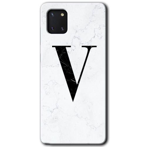 MRCİLETİSİM Samsung Galaxy Note 10 Lite Kılıf Baskılı Kapak - Beyaz Mermer Desenli V Harfi + 5D Tam Kaplayan Cam