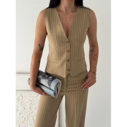 Çizgili Tansel Kumaş Yelek Pantolon İkili Takım Ofis Şık Modern - Bej