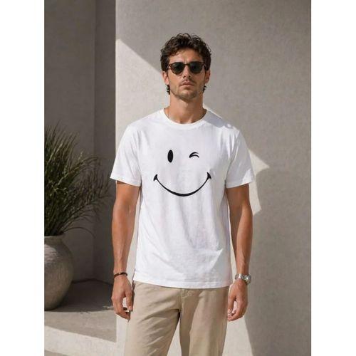 Erkek Minimal Gülümseyen Yüz Baskılı Tişört Kısa Kol Yazlık T-Shirt - Beyaz