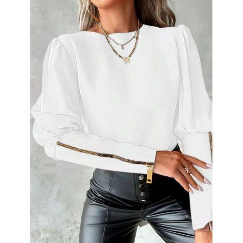 Kadın Uzun Kollu Bisiklet Yaka Fermuar Detaylı Ithal Krep Bluz