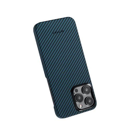 Apple iPhone 15 Pro Kılıf M-safe Şarj Özellikli 1500D Aramid Fiber Pitaka Ultra-Slim Classic Serisi Black-Blue Twill Kapak