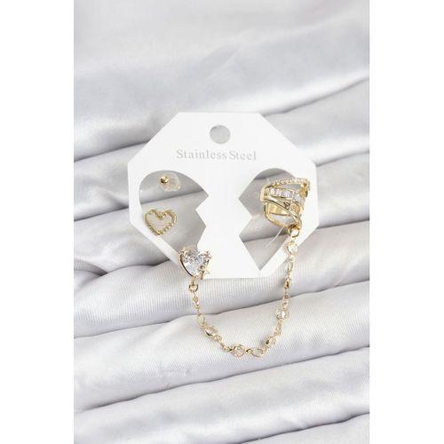 Pirinç Gold Renk Kalp Model Zincir Bağlantılı Ear Cuff Küpe Seti - TJ-BKP11541