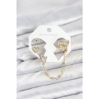 Pirinç Gold Renk Kalp Model Zincir Bağlantılı Ear Cuff Küpe Seti - TJ-BKP11541