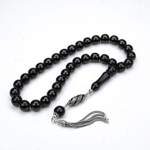 Oltu Taşı İşlemesiz Gümüş Püsküllü Küre Tespih