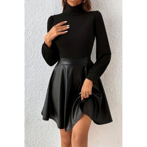 Kadın Uzun Kollu Balıkçı Yaka üst Kaşkorse Alt Deri Detaylı Mini Elbise