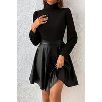 Kadın Uzun Kollu Balıkçı Yaka üst Kaşkorse Alt Deri Detaylı Mini Elbise