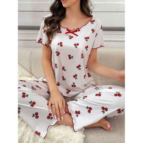 Kadın Beyaz Kiraz Desenli Kısa Kollu Pijama Takımı Yumuşak Rahat Ev Giyimi Özel Tasarım