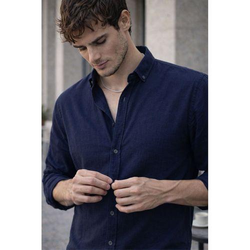 Scott – Soft Dokulu Yarım Oversize Modern Keten Görünümlü Erkek Gömlek- Lacivert