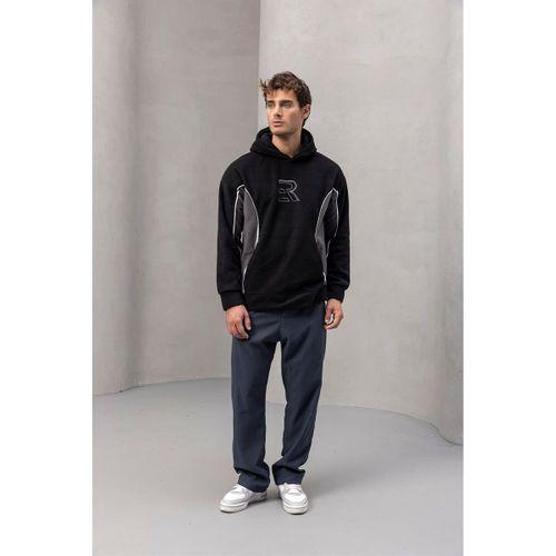 Frank Parçalı Kontrast Desenli Kapüşonlu Oversize Cepli Polar Erkek Sweatshirt - Siyah
