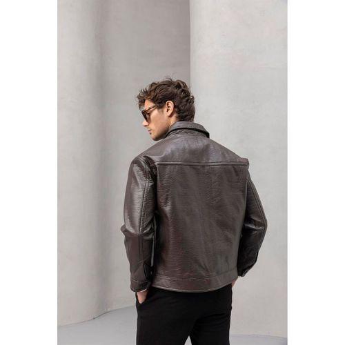 Denzel Düğmeli Yan Cepli Deri Görünümlü Erkek Ceket - Kahve