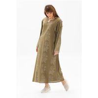 Uzun Kol Şile Bezi Baskılı Uzun Zambak Desen Yazlık Elbise Haki Hk