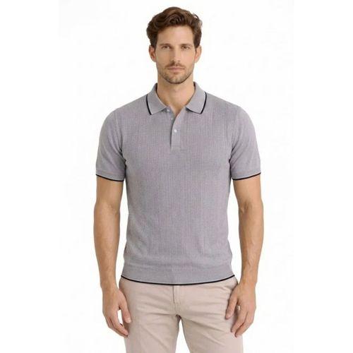 Erkek Düğmeli Yaka Triko Dokuma Tişört Desenli Yazlık Şık Günlük Triko Tişört - Gri