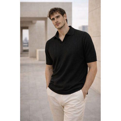 Nestor Saç Örgü Desenli Polo Yaka Regular Fit Örme İnce Triko Erkek T-Shirt - Siyah