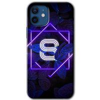 MRCİLETİSİM iPhone 12 Kılıf HD Desen Baskılı Arka Kapak + Temperli Cam - Dark Neon Yaprak S Harfi