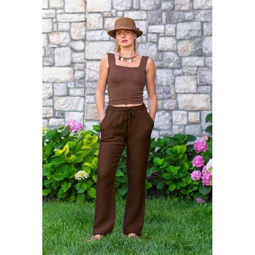 Beli Lastikli Multi Çift Cepli Müslin Kadın/Erkek Unisex Yazlık Pantolon Kahve Khv