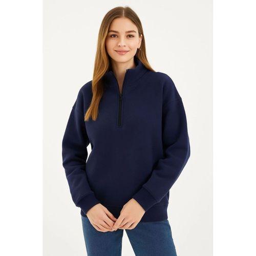 Üç İplik Dık Yaka Yarım Fermuarlı SweatShirt - Lacivert