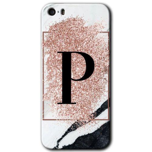 Potkal Hediye Fabrikası iPhone 5s HD Baskılı Kılıf + 9D Tam Ekran Koruyucu - Pembe Mermer Desenli P Harfi