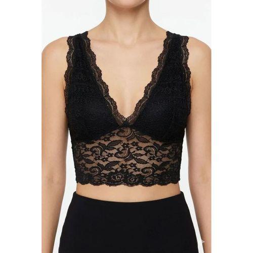 Dantel Bralet Crop Sütyen V Yaka Askılı Şık Esnek Rahat - Siyah