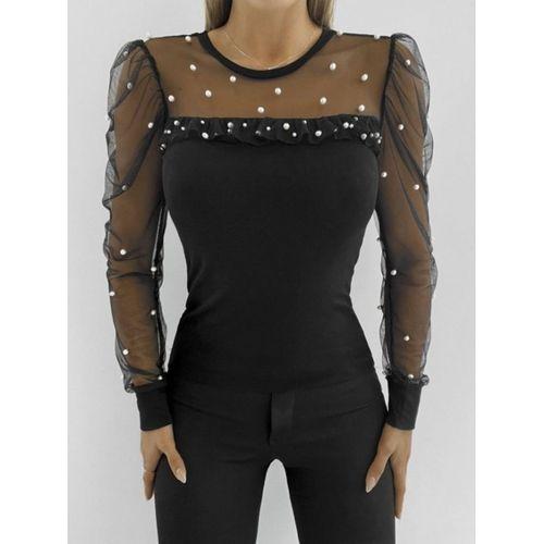 Kadın Uzun Kollu Inci Detaylı Tüllü Viskon Bluz