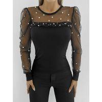 Kadın Uzun Kollu Inci Detaylı Tüllü Viskon Bluz