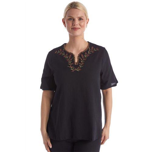 Şile Bezi Kısa Kol Siyah Nakışlı V Yaka Yazlık Otantik Bluz