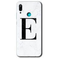 Potkal Hediye Fabrikası Huawei P smart 2019 HD Baskılı Kılıf + 9D Tam Ekran Koruyucu - Beyaz Mermer Desenli E Harfi