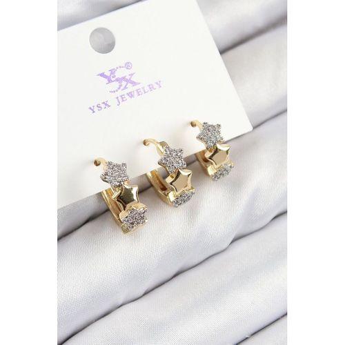 Pirinç Zirkon Taşlı 3'lü Halka Yıldız Model Gold Ve Gümüş Renk Kadın Küpe