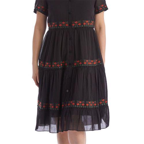 Kısa Kol Siyah Bisiklet Yaka Nakışlı Otantik Vual Kısa Elbise