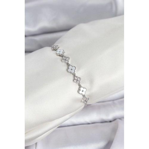 Gümüş Renk Zirkon Taşlı Sıralı Yonca Model Asansörlü Kadın Bileklik