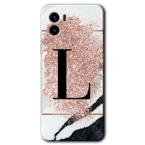 Vivo Y15s Kılıf HD Desen Baskılı Arka Kapak - Pembe Mermer Desenli L Harfi + Kırılmaz Cam