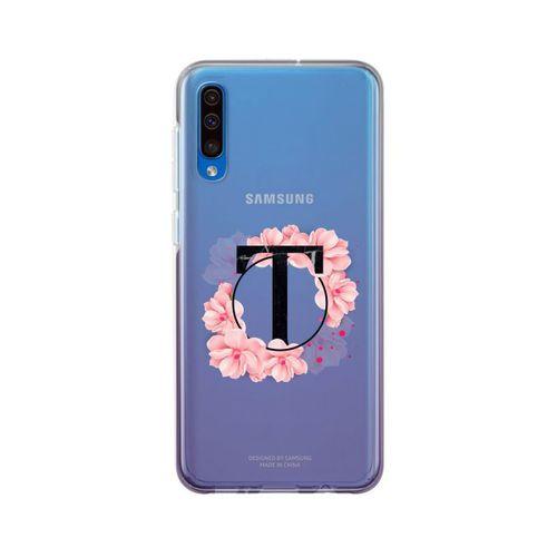Samsung A30s Pembe Çiçek Desen T Harfli Şeffaf Kılıf