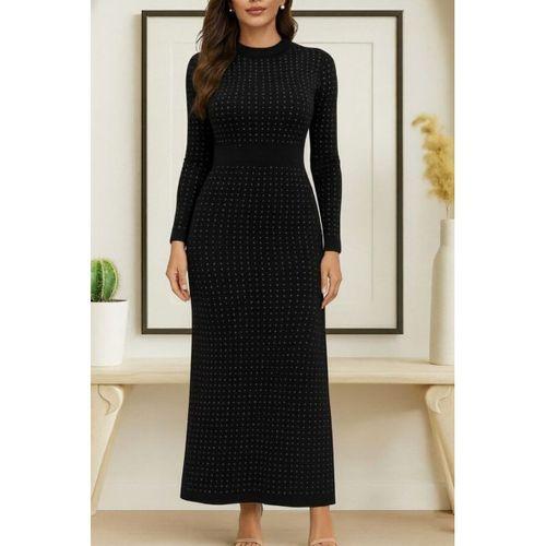 Kadın Uzun Kollu Bisiklet Yaka Taşlı Midi Kadife Elbise