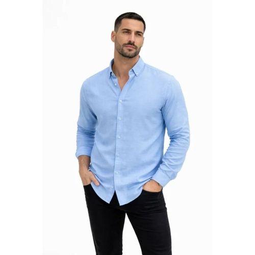 Erkek KETEN Kumaş Oversize Uzun Kollu Rahat Kalıp Gömlek - Açık Mavi