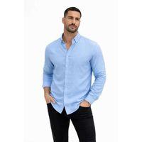 Erkek KETEN Kumaş Oversize Uzun Kollu Rahat Kalıp Gömlek - Açık Mavi