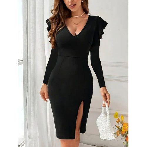 Kadın Uzun Kollu V Yakalı Yandan Yırtmaçlı Midi Ithal Krep Elbise