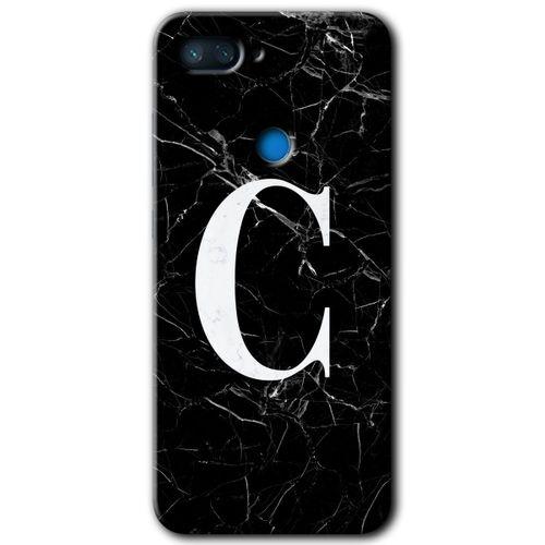 MRCİLETİSİM Xiaomi Mi 8 Lite Kılıf HD Desen Baskılı Arka Kapak+Temperli Cam - Siyah Mermer Desenli C Harfi