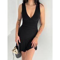 Derin V Yaka Sırt Dekolteli Mini Elbise Drapeli Şık Kolsuz - Siyah