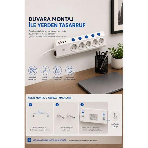 5’li Akım Korumalı Çoklu Priz 2 Metre Kablolu 3680w 16a 5 Anahtarlı 2usb-a 2 Usb-c Pd 20w Hızlı Ftr-28