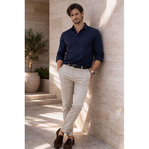 Yarım Pat Yakalı York Pamuk Kumaşlı Uzun Kollu Erkek Gömlek - Lacivert