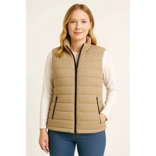 Şişme Fermuarlı Yelek Su Itici Kapitone Astarlı Kumaş Cepli Hafif Kışlık Spor Rahat Kalıp - Bej