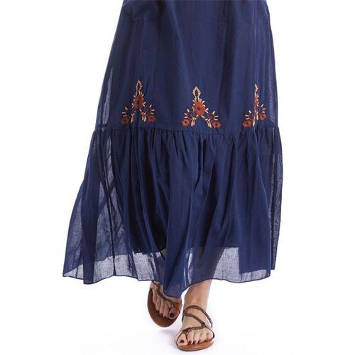 Uzun Kol Lacivert Nakış Detaylı Bağcık Yaka Cepli Vual Uzun Elbise